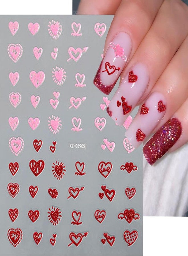 KTAABTR 6 Sheets Red Pink Glitter Hearts Nail Art Stickers 3D Self-Adhesive Valentine's Day Heart Bow Nail Stickers Stripe Star Design Nail Decals for Women Manicure Supplies Valentines Nail Decoration - Image 5